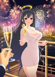 Rule 34 | 10s, 1girl, alcohol, black hair, blue eyes, breasts, champagne, champagne flute, city, city lights, cleavage, covered navel, cup, dress, drink, drinking glass, drinking straw, fireworks, halo, holding, holding cup, jewelry, large breasts, long hair, looking at viewer, necklace, night, official art, open mouth, ryouki (senran kagura), senran kagura, senran kagura new wave, smile, solo focus, very long hair, yaegashi nan