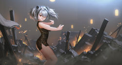 Rule 34 | 1girl, arknights, bare shoulders, black dress, breasts, china dress, chinese clothes, dress, fang, feater (arknights), feet out of frame, fighting stance, fire, from side, hair over one eye, lantern, large breasts, looking at viewer, medium hair, multicolored hair, open mouth, rubble, short dress, side slit, silver hair, sleeveless, sleeveless dress, smile, solo, standing, twintails, two-tone hair, zi ye (hbptcsg2)