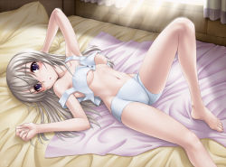 Rule 34 | 1girl, amane (funfun), barefoot, bed, bed sheet, blush, breasts, cameltoe, eila ilmatar juutilainen, feet, legs, long hair, looking at viewer, lying, medium breasts, midriff, navel, nipples, on back, on bed, pajamas, purple eyes, silver hair, solo, strap slip, strike witches, sunlight, underboob, underwear, world witches series