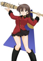 Rule 34 | 1girl, arms up, barbed wire, baseball bat, black footwear, black skirt, boots, braid, brown eyes, brown hair, closed mouth, commentary request, epaulettes, frown, girls und panzer, hair over shoulder, holding, holding baseball bat, holding weapon, insignia, jacket, knee boots, long hair, long sleeves, looking at viewer, military, military uniform, miniskirt, nail, pleated skirt, red jacket, rukuriri (girls und panzer), rukuriritea, single braid, skirt, solo, st. gloriana&#039;s military uniform, standing, uniform, weapon, white background