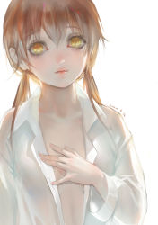 Rule 34 | 1girl, absurdres, backlighting, breasts, brown hair, collarbone, fang, hand on own chest, highres, kamachi kamachi-ko, long hair, long sleeves, looking at viewer, low twintails, mole, mole under eye, mole under mouth, naked shirt, open clothes, open shirt, original, see-through, shirt, simple background, small breasts, solo, twintails, yellow eyes