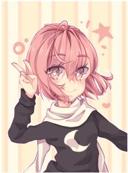Rule 34 | 1girl, ahoge, artist name, black shirt, black sleeves, bubble, closed mouth, commentary, crescent print, english commentary, eyelashes, fingernails, heart, huge ahoge, kouri (ibubobubo), light blush, long sleeves, looking at viewer, original, outline, pink eyes, pink hair, scarf, shirt, short hair, simple background, smile, solo, star (symbol), striped background, upper body, v, watermark, white outline, white scarf, yellow background