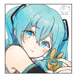 Rule 34 | 1girl, artist logo, artist name, bare shoulders, blouse, blue eyes, blue hair, blush, border, closed mouth, commentary, grey shirt, hatsune miku, highres, charm (object), long hair, looking at viewer, shirt, sleeveless, sleeveless shirt, solo, twintails, upper body, vocaloid, wandu mook, white border