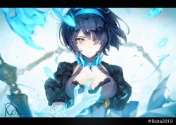 Rule 34 | 1girl, alice (sinoalice), artist name, blue fire, blue hair, breasts, chain, commentary request, dark blue hair, eyes visible through hair, fire, glowing, glowing eyes, hair over one eye, hairband, highres, hoshizaki reita, letterboxed, looking at viewer, medium breasts, red eyes, resolution mismatch, short hair, sinoalice, solo, source smaller, sword, tattoo, weapon