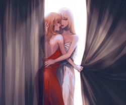 Rule 34 | 2girls, back, backless dress, backless outfit, bare arms, bare back, bare shoulders, blonde hair, blue eyes, collarbone, couple, curtain grab, curtains, dress, earrings, female focus, half-closed eyes, hand in another&#039;s hair, hand on another&#039;s back, hand on another&#039;s head, hug, imminent kiss, jewelry, kurosujuu, light brown hair, lips, lipstick, long hair, looking at viewer, looking back, luna (sound horizon), makeup, multiple girls, neck, nein (album), open mouth, parted lips, red dress, short hair, sleeveless, sleeveless dress, smile, sound horizon, standing, stella (sound horizon), strapless, strapless dress, white dress, yuri