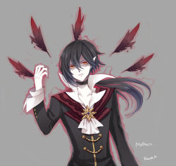 Rule 34 | 1boy, black coat, black feathers, black hair, brooch, coat, commentary request, despair god morroc, feathers, grey background, hair between eyes, jewelry, long hair, long sleeves, looking at viewer, male focus, parted lips, pointy ears, ragnarok online, red eyes, reona amane, shaded face, shirt, signature, simple background, solo, upper body, white shirt