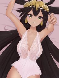 Rule 34 | bed, black hair, breasts, cleavage, earrings, elephant, highres, jewelry, lingerie, maiini, mattress, nyanko daisensou, smile, solo, underwear, yellow eyes