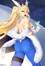 Rule 34 | 1girl, absurdres, ahoge, animal ears, artoria pendragon (all), artoria pendragon (fate), artoria pendragon (swimsuit ruler) (fate), ass, back, bare shoulders, blonde hair, blue pantyhose, blush, braid, breasts, cocktail glass, cup, detached collar, drinking glass, fake animal ears, fate/grand order, fate (series), feather boa, fishnet pantyhose, fishnets, french braid, green eyes, hair between eyes, highleg, highleg leotard, highres, holster, large breasts, leotard, long hair, looking at viewer, looking back, nail polish, night, night sky, open mouth, pantyhose, playboy bunny, ponytail, rabbit ears, rabbit tail, sideboob, sidelocks, sky, smile, solo, standing, star (sky), starry sky, tail, thigh strap, tiara, white leotard, wrist cuffs, xkit