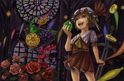 Rule 34 | 1girl, apple, bad id, bad pixiv id, blonde hair, female focus, flandre scarlet, floating, floating object, flower, food, fruit, grapes, hat, holding, holding food, holding fruit, kurione (pixiv), kurione (zassou), laevatein, open mouth, pear, red eyes, red flower, red rose, rose, short hair, smile, solo, spill, stained glass, touhou, wings