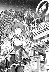 Rule 34 | 1girl, absurdres, architecture, breasts, building, comet, cone hair bun, cyberpunk, east asian architecture, food, food on face, from below, genshin impact, gloves, hair bun, highres, holding, holding food, hologram, jacket, jacket partially removed, keqing (genshin impact), long hair, long sleeves, looking ahead, medium breasts, night, night sky, open clothes, open jacket, pantyhose, qingwa chi she, sky, skyscraper, solo, star (sky), starry sky, twintails