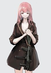 Rule 34 | 1girl, absurdres, breasts, brown coat, closed mouth, coat, collarbone, feet out of frame, gun, hand on hand, highres, lithographica, long hair, looking at viewer, original, pink hair, red eyes, sleeves rolled up, small breasts, solo, standing, submachine gun, weapon, weapon request, white background