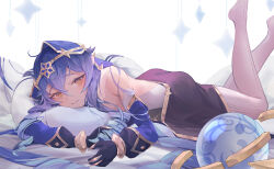 Rule 34 | 1girl, bare shoulders, bed, black gloves, blue hair, blue sleeves, crown, detached sleeves, drill hair, genshin impact, gloves, gold trim, gradient hair, highres, layla (genshin impact), legs up, long hair, looking at viewer, lying, meiyan (boyimachao), multicolored hair, on stomach, orange eyes, orb, pantyhose, pillow, pointy ears, sidelocks, slit pupils, solo, the pose, white background, white pantyhose