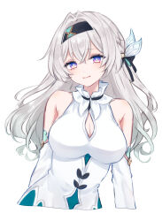 Rule 34 | 1girl, absurdres, black hairband, breasts, cleavage, cleavage cutout, clothing cutout, cropped torso, detached sleeves, firefly (honkai: star rail), grey hair, hairband, highres, honkai: star rail, honkai (series), large breasts, long hair, long sleeves, looking at viewer, purple eyes, sana (sanamaru 0w0), shirt, simple background, sleeveless, sleeveless shirt, smile, solo, upper body, very long hair, white background, white shirt