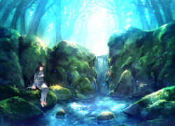 Rule 34 | 1girl, arms at sides, atlach-nacha, blunt bangs, closed eyes, day, forest, highres, hirasaka hatsune, long hair, nature, outdoors, sitting, solo, sunakumo, very long hair, water, waterfall