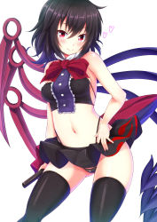 Rule 34 | 1girl, asymmetrical wings, bare arms, black hair, black thighhighs, bow, cameltoe, crop top, ebi 193, heart, houjuu nue, md5 mismatch, midriff, navel, red arremer, red eyes, skirt, solo, thighhighs, touhou, wings