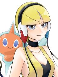 Rule 34 | 1girl, :&gt;, absurdres, bare shoulders, black choker, blonde hair, blue eyes, blunt bangs, blush, breasts, cable, choker, closed mouth, collarbone, creatures (company), elesa (pokemon), female focus, game freak, gen 4 pokemon, happy, headphones, highres, jpeg artifacts, light blush, looking at viewer, nintendo, open mouth, pokemon, pokemon (creature), pokemon bw, rotom, rotom (normal), shirt, short hair, simple background, sleeveless, sleeveless shirt, small breasts, smile, solo focus, suzu (pixiv 32232702), upper body, white background, yellow shirt