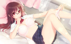 Rule 34 | 1girl, ahoge, arima senne, barefoot, bed, bedroom, bra, breasts, brown hair, glasses, highres, kashiwamochi yomogi, large breasts, lingerie, long hair, lying, midriff, on bed, open clothes, open shirt, panties, panty pull, red eyes, ribbon, shirt, skirt, smile, solo, thighs, underwear
