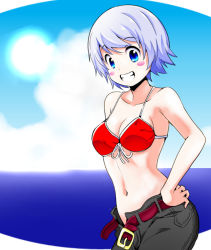 Rule 34 | 1girl, belt, bikini, bikini top only, blue eyes, blue hair, blush stickers, breasts, cleavage, front-tie top, grin, hand on own hip, kawamura river, matching hair/eyes, navel, open fly, original, pants, short hair, smile, solo, swimsuit, unzipped