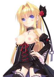 Rule 34 | 1girl, bad id, bad pixiv id, blonde hair, blue eyes, breasts, choker, corset, cross, detached sleeves, earrings, flower, garter straps, hair flower, hair ornament, hand on own hip, heart, heart-shaped pupils, heart tattoo, highres, jewelry, long hair, mvv, necklace, nipples, original, panties, rancy, simple background, solo, symbol-shaped pupils, tattoo, topless, underwear, white background