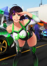 Rule 34 | 2girls, ahoge, artist name, asymmetrical clothes, bare shoulders, black hair, breasts, car, cleavage, clothes writing, day, elbow gloves, feguimel, fingernails, gloves, gradient hair, green eyes, hand on own thigh, highres, large breasts, leaning forward, leotard, looking at viewer, motor vehicle, multicolored hair, multiple girls, nail, nail polish, open mouth, original, outdoors, partially fingerless gloves, ponytail, purple hair, race queen, race track, race vehicle, racecar, racing queen, salute, short hair, single glove, sky, smile, standing, teeth, thighhighs, tire, twitter username, vehicle