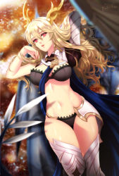 Rule 34 | 1girl, armored boots, arms up, artist name, black bra, black panties, blonde hair, boots, bra, breasts, cape, corrin (female) (fire emblem), corrin (fire emblem), cowboy shot, day, dragon tail, dutch angle, esther shen, fire emblem, fire emblem fates, hair between eyes, hand in own hair, lips, long hair, medium breasts, midriff, navel, nintendo, outdoors, panties, red eyes, signature, solo, tail, thigh boots, thighhighs, thighs, tree, underwear