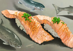 Rule 34 | absurdres, animal focus, dated, fish, fish (food), food, food focus, grey background, highres, no humans, original, rice, sashimi, shadow, signature, sushi, tainosuke