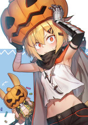 Rule 34 | +++, 2girls, animal ears, arknights, armpits, bandaged arm, bandages, bare shoulders, black cape, black cloak, black gloves, black shorts, blonde hair, blouse, blue background, blush, candy, cape, claw pose, cloak, commentary request, cowboy shot, fingerless gloves, food, fox ears, fox tail, gloves, groin, hair between eyes, hair ornament, hairclip, halloween, halloween costume, highres, holding, holding food, holding pumpkin, holding vegetable, jewelry, kroos (arknights), kroos (the mag) (arknights), looking at viewer, midriff, mitake eil, multiple girls, navel, necklace, notched ear, official alternate costume, orange eyes, originium (arknights), plaid, plaid shirt, prosthesis, prosthetic arm, pumpkin, pumpkin on head, rabbit ears, sarashi, shirt, short hair, shorts, sidelocks, signature, single fingerless glove, skirt, sleeveless, sleeveless shirt, standing, strapless, strapless shirt, striped clothes, striped skirt, sweat, tail, tooth necklace, torn clothes, torn shirt, vegetable, vermeil (arknights), vertical-striped clothes, vertical-striped skirt, wavy mouth, white shirt, yellow shirt