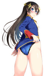 Rule 34 | 1girl, absurdres, arm at side, ass, belt, belt buckle, black hair, blue eyes, blue jacket, blue panties, blush, buckle, buttons, chestnut mouth, commentary request, commission, epaulettes, from behind, hair between eyes, hair ornament, highres, jacket, kagura hikari, lace, lace-trimmed panties, lace trim, long hair, long sleeves, looking at viewer, looking back, no pants, oshakana, panties, parted lips, shoujo kageki revue starlight, simple background, skeb commission, solo, sparkle hair ornament, standing, tassel, underwear, v-shaped eyebrows, very long hair, white background, yellow belt