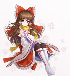 Rule 34 | 1girl, ahoge, boots, bow, brown eyes, brown hair, detached sleeves, embellished costume, female focus, frills, hair bow, hakurei reimu, japanese clothes, knee boots, light smile, long hair, miko, pantyhose, perfect cherry blossom, red eyes, scarf, simple background, smile, snowflakes, solo, touhou, tucana, white background