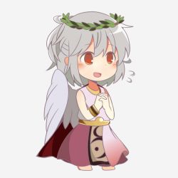 Rule 34 | 1girl, :d, alternate costume, bad id, bad twitter id, bracelet, braid, buna shimeji (keymush), chibi, dress, flying sweatdrops, french braid, gradient dress, greco-roman clothes, grey background, grey dress, grey hair, grey wings, happy, jewelry, kishin sagume, necklace, olive wreath, open mouth, orange eyes, own hands clasped, own hands together, pink dress, roman clothes, short hair, single wing, smile, solo, touhou, wings