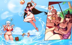 Rule 34 | !, 4girls, 6+girls, absurdres, ahoge, anklet, artemis (fate), ayanobro, ball, barefoot, beach, beachball, bear, bikini, blonde hair, blue eyes, blue sky, blush, book, breasts, brown eyes, brown hair, bush, chibi, cleavage, closed eyes, closed mouth, cloud, collarbone, commentary, commission, day, english commentary, enkidu (fate), fate/grand order, fate (series), florence nightingale (fate), fujimaru ritsuka (female), gilgamesh (fate), gold bracelet, gold necklace, green hair, hair ornament, happy, highres, huge breasts, innertube, jewelry, large breasts, long hair, mascot, multiple girls, murasaki shikibu (fate), navel, necklace, ocean, one-piece swimsuit, open mouth, orion (bear) (fate), outdoors, pink hair, ponytail, purple bikini, quetzalcoatl (fate), reading, red bikini, red eyes, side-tie bikini bottom, sky, smile, swim ring, swimsuit, thick thighs, thighs, tree, very long hair, wading, water, waves, xuangzang sanzang (fate), yellow bikini