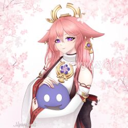 Rule 34 | 1girl, animal ears, cherry blossoms, crown, discord, earrings, fox ears, genshin impact, highres, japanese clothes, jewelry, looking at viewer, moovalandi, original, pink hair, purple eyes, solo, yae miko