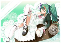 Rule 34 | 1girl, ankle lace-up, chocolate, cross-laced footwear, doily, dress, food, food on face, frilled thighhighs, frills, garter straps, green eyes, green hair, hair ribbon, hatsune miku, headphones, kyougoku touya, licking, licking finger, long hair, matching hair/eyes, panties, reclining, ribbon, solo, thighhighs, twintails, underwear, valentine, vocaloid