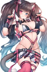 Rule 34 | 1girl, animal ears, armpits, bare shoulders, belt, belt pouch, bikini, black bikini, black gloves, blue eyes, breasts, brown hair, cat ears, cat girl, cat tail, chest harness, cleavage, closed mouth, clothes pull, detached collar, detached sleeves, fingerless gloves, gloves, goddess of victory: nikke, gradient hair, hands up, harness, heterochromia, highres, large breasts, long hair, looking at viewer, microskirt, multicolored hair, multiple straps, navel, nero (nikke), pink eyes, pink thighhighs, pleated skirt, pouch, revealing clothes, simple background, single thighhigh, skindentation, skirt, skirt pull, smile, snm (sunimi), solo, stomach, string bikini, swimsuit, tail, thighhighs, thighs, twintails, very long hair, white background, white skirt