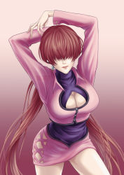 Rule 34 | 1girl, breasts, cleavage, hair between eyes, hair over eyes, highres, large breasts, long hair, red hair, shermie (kof), simple background, snk, solo, the king of fighters, thighs