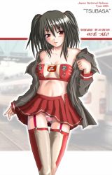 Rule 34 | 1girl, bandeau, bare shoulders, blush, bra, c-wing, garter belt, highres, japan railways, jpeg artifacts, looking at viewer, midriff, panties, personification, railroad tracks, resized, skirt, solo, striped clothes, striped panties, thigh gap, thighhighs, train, twintails, underwear, undressing