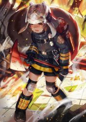 Rule 34 | 1girl, animal ears, animal ears helmet, arknights, axe, backlighting, belt, black gloves, boots, brown eyes, brown hair, commentary, fake animal ears, fire, fire axe, fire helmet, firefighter jacket, firefighter, full body, gloves, helmet, highres, holding, holding axe, jacket, jeonpa, knee pads, long sleeves, open mouth, oxygen tank, shaw (arknights), short hair, shorts, signature, smoke, solo, squirrel tail, standing, sweat, tail, tile floor, tiles