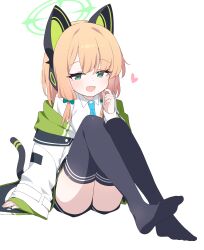 Rule 34 | 1girl, absurdres, animal ear headphones, animal ears, ass, black shorts, black thighhighs, blonde hair, blue archive, blue necktie, blush, bow, collared shirt, fake animal ears, full body, green bow, green eyes, green halo, hagoonha, hair bow, halo, headphones, heart, highres, jacket, long sleeves, midori (blue archive), necktie, open mouth, shirt, short hair, shorts, simple background, smile, solo, thighhighs, white background, white jacket, white shirt
