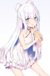 Rule 34 | + +, 1girl, azur lane, bare arms, bare legs, bare shoulders, blue eyes, blush, breasts, bubble tea, choker, collarbone, commentary, commentary request, criss-cross halter, cup, disposable cup, double bun, dress, drinking, drinking straw, drinking straw in mouth, hair between eyes, hair bun, halterneck, highres, holding, holding cup, le malin (azur lane), le malin (sleepy sunday) (azur lane), long hair, looking at viewer, nakazawa aki, sidelocks, silver hair, simple background, small breasts, solo, sundress, symbol-shaped pupils, very long hair, white background, white dress