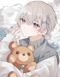 Rule 34 | 1boy, absurdres, between fingers, cigarette, closed mouth, daifuku mame (kageroudt33), grey hair, hair ornament, hairclip, head tilt, highres, holding, holding cigarette, long sleeves, looking at viewer, male focus, hugging object, original, parted lips, purple eyes, short hair, smoke, smoking, solo, stuffed animal, stuffed toy, sweater, teddy bear