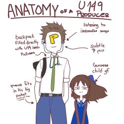 Rule 34 | 1boy, 1girl, absurdres, age difference, anatomy of a gamer (meme), black hair, blue dress, bow, box, brown eyes, cureproducer, dress, earphones, english text, faceless, faceless male, green necktie, hair bow, hands in pockets, highres, idolmaster, idolmaster cinderella girls, long hair, long sleeves, looking at viewer, meme, necktie, pants, producer (idolmaster), producer (idolmaster cinderella girls u149), short sleeves, smug, tachibana arisu