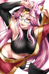 Rule 34 | 1girl, :p, animal ears, armpits, arms up, breasts, commentary request, detached sleeves, ear ornament, fate/grand order, fate (series), fox ears, glasses, groin, highres, indian clothes, koyanskaya (fate), koyanskaya (indian lostbelt outfit) (fate), large breasts, long hair, looking at viewer, midriff, nail polish, navel, pink hair, pink nails, shimeno puni, smile, solo, tamamo (fate), tongue, tongue out, very long hair, yellow eyes