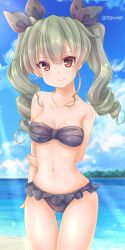 Rule 34 | 1girl, anchovy (girls und panzer), arm behind back, arm grab, beach, bikini, black bikini, black ribbon, blue sky, blurry, blurry background, closed mouth, cloud, cloudy sky, commentary, cowboy shot, day, depth of field, drill hair, frilled bikini, frills, girls und panzer, gluteal fold, green hair, hair ribbon, highres, long hair, looking at viewer, navel, ocean, outdoors, red eyes, ribbon, sky, smile, solo, sparkle, standing, strapless, strapless bikini, swimsuit, thigh gap, twin drills, twintails, twitter username, yunagi (arukumaruta)