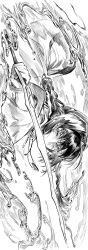 Rule 34 | 1boy, absurdres, aiming, aiming at viewer, bracelet, braid, covered mouth, fate/samurai remnant, fate (series), floating hair, greyscale, highres, holding, holding sword, holding weapon, incoming attack, jewelry, long sleeves, looking at viewer, male focus, monochrome, necklace, nianshoufa, outstretched arm, pendant, sideways, single braid, solo, sword, upper body, water, weapon, wide sleeves, yamato takeru (fate)