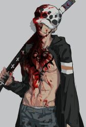 Rule 34 | 1boy, black coat, blood, blood on chest, blood on face, chest tattoo, coat, denim, earrings, facial hair, hat over one eye, highres, holding, holding sheath, holding sword, holding weapon, jeans, jewelry, long sleeves, male focus, one piece, open clothes, open coat, pants, runa 3152, sheath, sheathed, simple background, smile, solo, sword, tattoo, trafalgar law, weapon, yellow eyes
