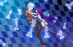 Rule 34 | 1boy, 1girl, :d, android, blue shirt, boots, brown footwear, brown gloves, brown vest, chess piece, chessboard, closed mouth, clothed male nude female, commentary, english commentary, eye contact, gloves, gradient hair, green pants, grey hair, hair between eyes, highres, holding hands, jiliang jiying yumao, long hair, looking at another, mechanical parts, multicolored hair, no game no life, nude, open mouth, pants, purple eyes, purple footwear, purple hair, red scarf, riku (no game no life), robot, scarf, shirt, shuvi (no game no life), smile, thigh boots, thighhighs, very long hair, vest