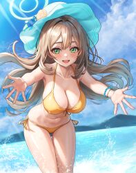 Rule 34 | 1girl, :d, absurdres, bikini, blonde hair, blue archive, blue sky, blush, breasts, cloud, collarbone, day, floating hair, flower, green eyes, halo, hapu (nfdt7773), hat, hat flower, highres, large breasts, leaning forward, long hair, looking at viewer, navel, nonomi (blue archive), nonomi (swimsuit) (blue archive), ocean, open mouth, outdoors, outstretched arms, revision, sky, smile, solo, stomach, sun hat, swimsuit, thighs, water, yellow bikini