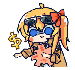Rule 34 | 1girl, ahoge, blue eyes, blush stickers, brown jacket, chibi, chinese commentary, commentary request, dollar sign, eyewear on head, girls&#039; frontline, hair between eyes, hair ribbon, highres, holding, holding money, jacket, kalina (girls&#039; frontline), long hair, long sleeves, money, official art, open mouth, orange hair, outstretched arm, red ribbon, ribbon, shaded face, shirt, side ponytail, simple background, smile, solo, su xiao jei, sunglasses, upper body, white background, white shirt