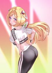 Rule 34 | 1girl, absurdres, aki rosenthal, ar-khey, ass, black pants, blonde hair, blush, breasts, crop top, crop top overhang, detached hair, highres, hololive, hololive dance practice uniform, large breasts, long hair, looking at viewer, official alternate costume, pants, purple eyes, shirt, sideboob, smile, solo, twintails, virtual youtuber, white shirt, yoga pants