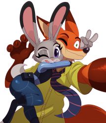 Rule 34 | 1boy, 1girl, animal ears, body fur, rabbit, buttons, claws, closed mouth, disney, eric lowery, eyebrows, fox, furry, green eyes, highres, judy hopps, necktie, nick wilde, one eye closed, open mouth, purple eyes, shirt, simple background, tail, uniform, white background, zootopia